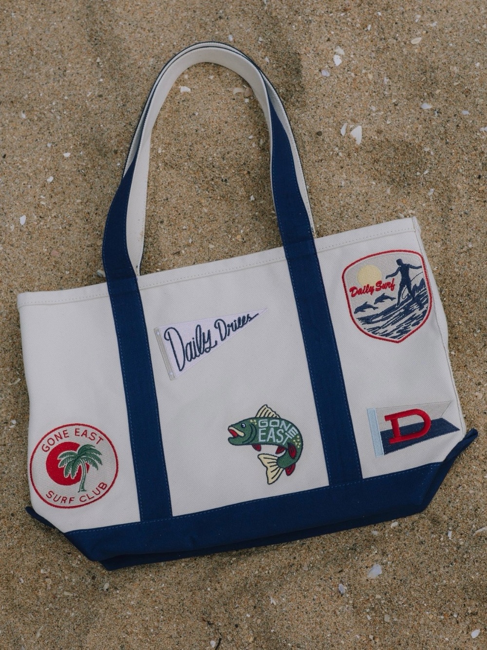 Daily Drills OUT EAST BOAT TOTE Canvas Patch Tote Bag - White & Navy NWT